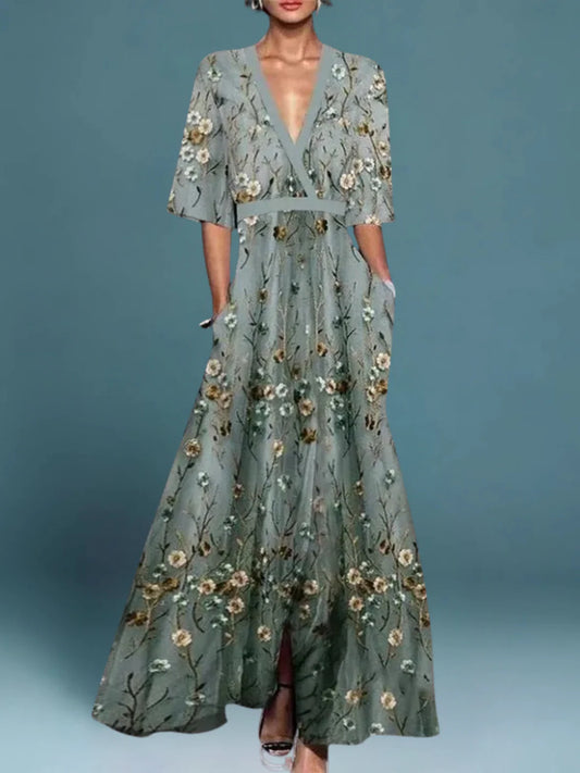 Hazel - Elegant V-Neck Belted Boho Dress